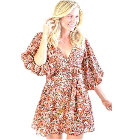MINKPINK Gabae Women's Multicolor Blousen Sleeve Faux Wrap Mini Dress Small NWOT - Picture 1 of 16